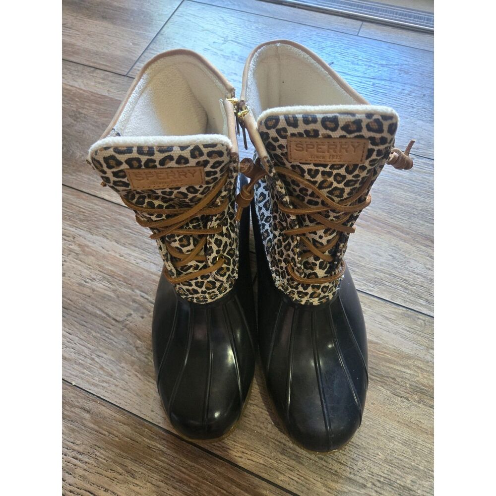 Sperry Women’s Size 11 Leopard Print Duck Boots Black Rubber Lace Up Zip